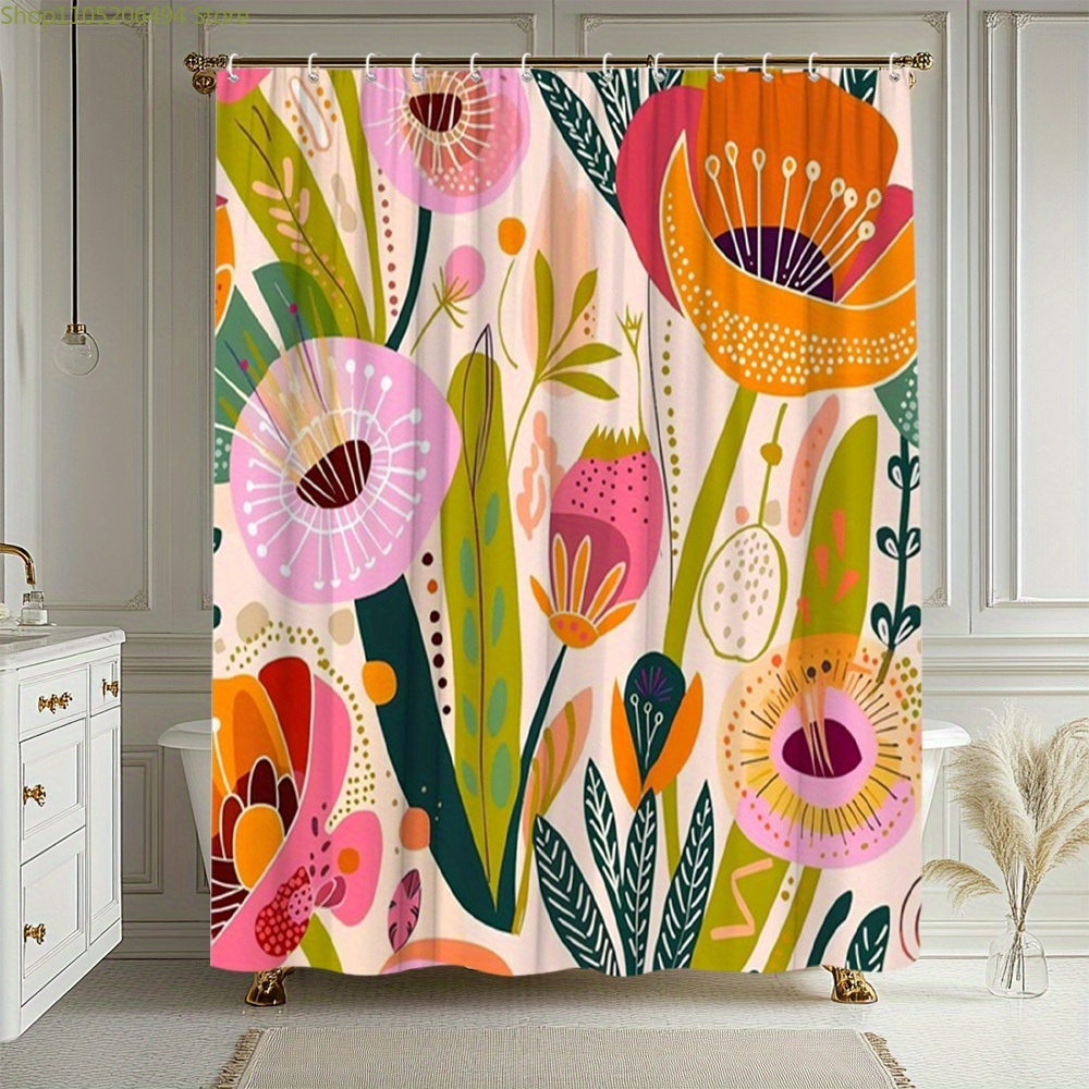 Home Bathroom Ideas - 鮮やかな花柄のシャワーカーテン、抽象的な植物デザイン、家の装飾用の防水バスライナー、心地よいバスルームのアイデア