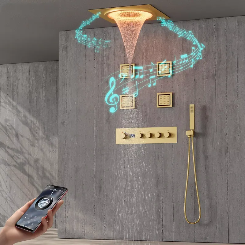 Home Bathroom - スマートLEDシャワーセット 浴室音楽内蔵レインフォールシステム ブラックマット 壁掛け式 高級スパ ホームホテル装飾ギフト