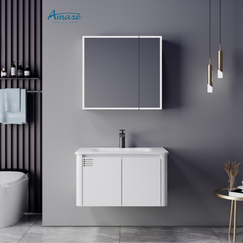 Home Living Bathroom Vanity - バスルームキャビネットAMAZE モダンカスタムバスルーム家具 合板製バスルームキャビネット ミラー付きダブルドア収納キャビネット