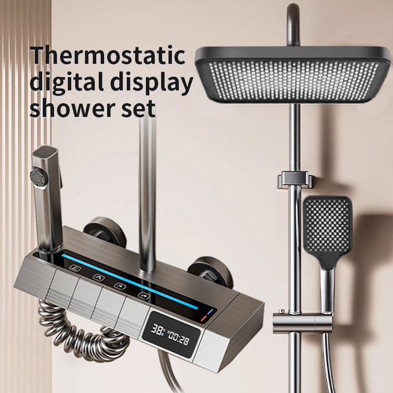 Home Bathroom - 家庭用バスルーム用恒温デジタルピアノシャワーヘッドセット、グレー、圧力スプレーヘッド