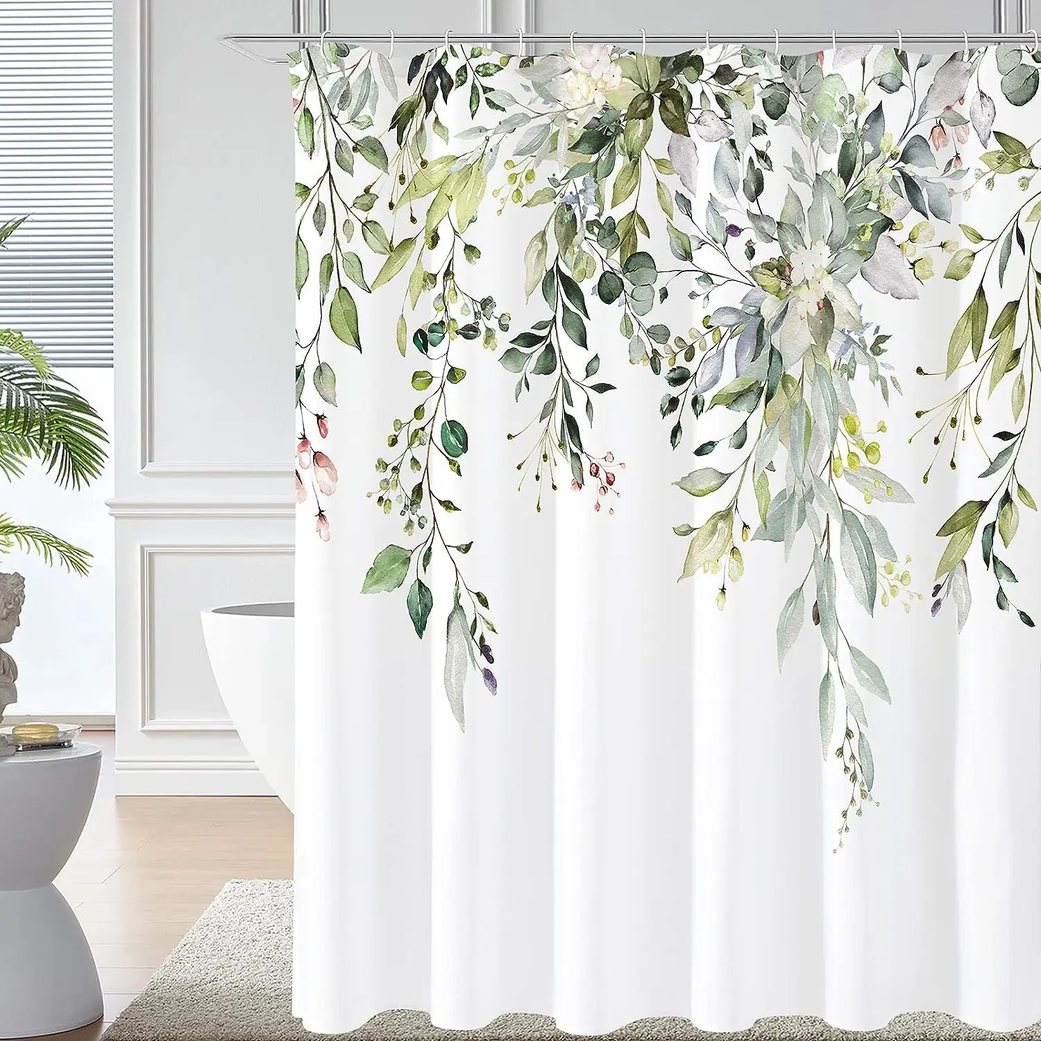 Shower Curtain Liner - 水彩ユーカリの葉シャワーカーテン吊り下げ緑葉白花ベリーミニマリストボタニカルプリント防水生地