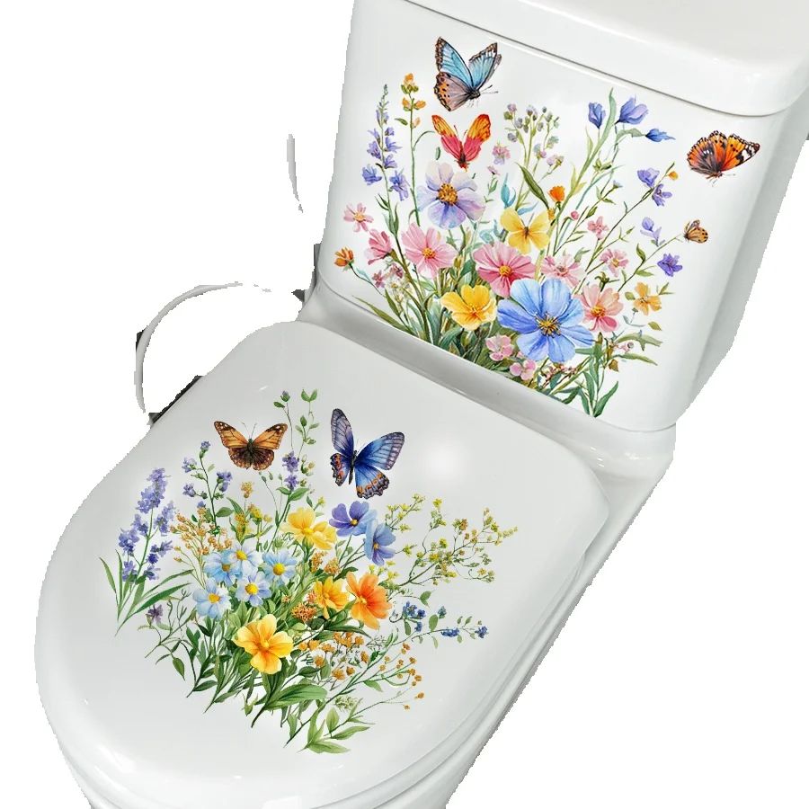 Home Bathroom Floor Tiles - 2 個の生花と蝶のトイレステッカー自己粘着デカール浴室トイレタンクシート家の装飾用