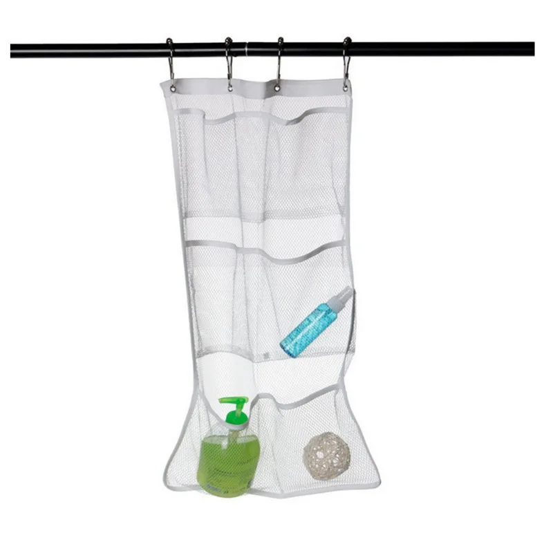Shower Curtain Liner - 1セット6パック入り速乾メッシュポケット付き布製ハンギングキャディーとバスオーガナイザー、シャワーカーテンロッド/ライナーフックに吊るすタイプ、4つのリング付き