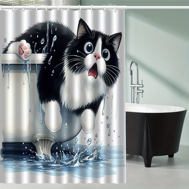 Home Bathroom Ideas - 浴槽から飛び出す面白い猫のシャワーカーテン、かわいいペットのスプラッシュデザイン、家の装飾用の防水バスライナー、居心地の良いバスルームのアイデア