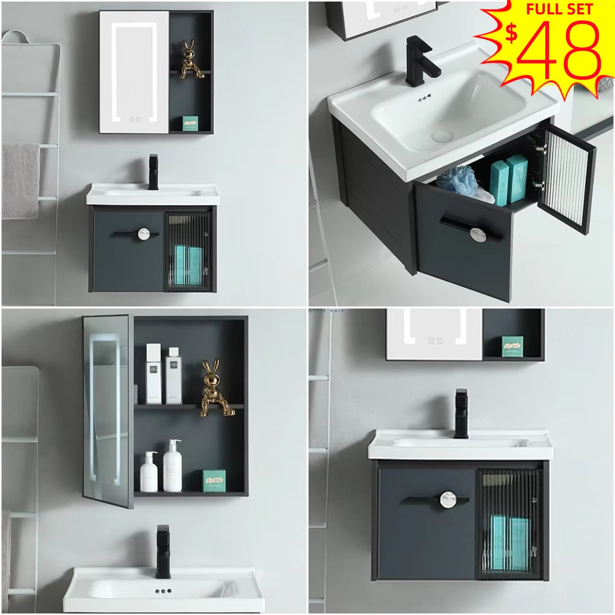 Home Living Bathroom Vanity - バスルームキャビネット、潮州工場デザイン、スレートカウンタートップ、モダンアルミ製壁掛けバスルームキャビネット、洗面台