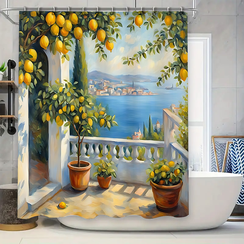 Home Bathroom Ideas - 地中海レモンガーデンシャワーカーテン、海岸ヴィラ風デザイン、防水バスライナー、家の装飾用、心地よいバスルームのアイデア
