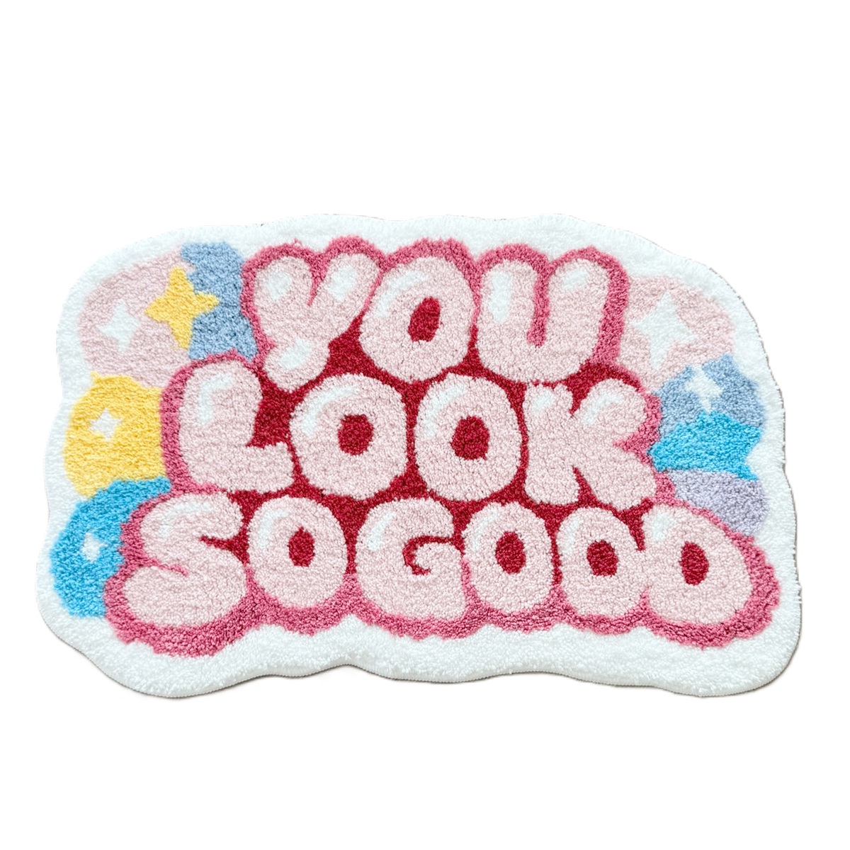 Home Goods Bathroom Vanity - かわいいバブルレター「YOU LOOK SO GOOD」タフテッドラグ カラフルな星型の波状ふわふわ滑り止めフロアマット Y2K