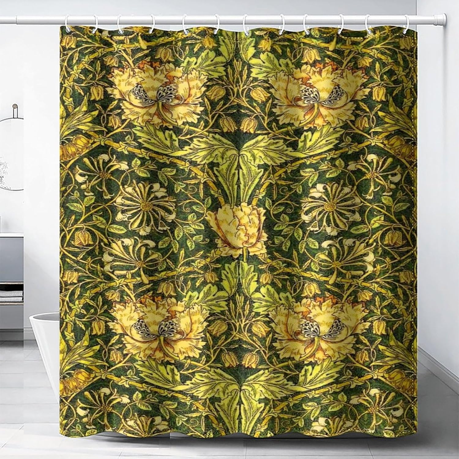 Home Bathroom Ideas - 防水植物柄シャワーカーテン グリーンイエロー花柄プリント トロピカルラグジュアリージャングルバスルームカーテン ホームデコレーションアイデア