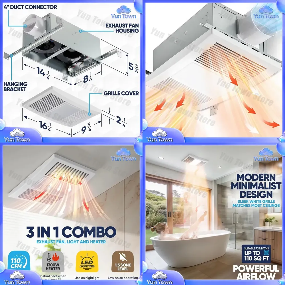 Home Bathroom Vent Fans - 浴室換気扇 ヒーターとLEDライト付き 1300W 110 CFM 15ソーン