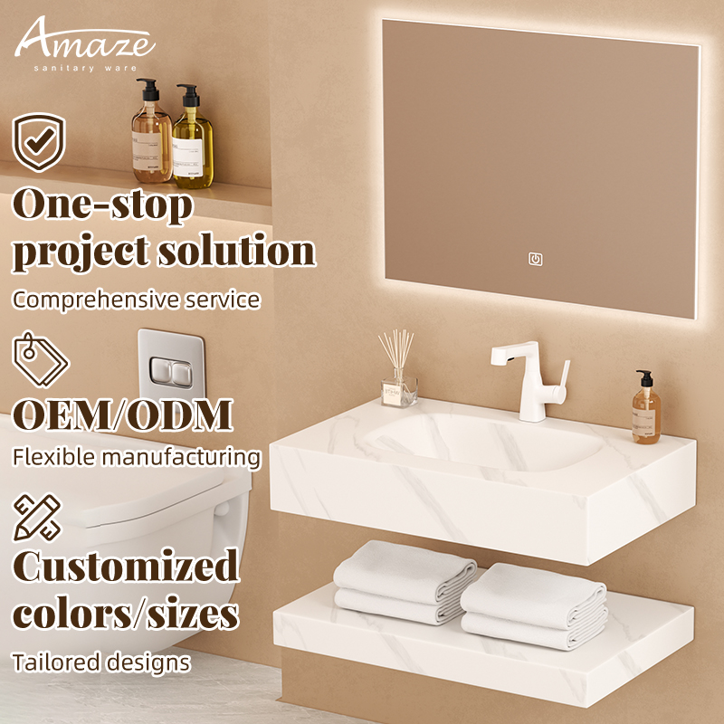 Home Living Bathroom Vanity - バスルームキャビネット 新デザイン フローティング二層式 大理石風メイクアップシンタードストーンカウンタートップ バスルームキャビネット 洗面台