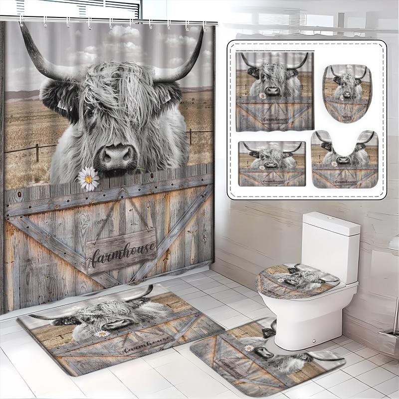 Home Bathroom With Two Toilets - 1/3/4個セットの創造的なスコットランドハイランドカウ柄シャワーカーテン、カントリースタイルの要素、ふわふわの毛皮、大きな角が特徴、牧歌的な農場風景柄の背景、バスルームシャワーカーテンセット、2サイズ展開、フック12個、トイレシートカバー、フロアマット付き、ポリエステル製防水シャワーカーテン、家の装飾に欠かせないアイテム、友人や家族への理想的なホリデーギフト。