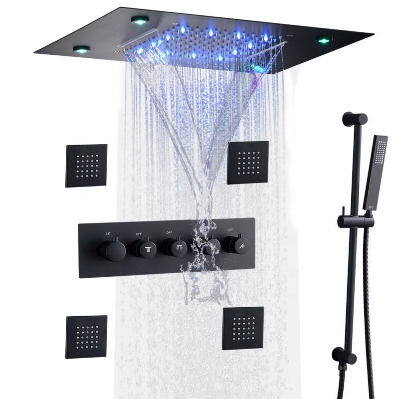 Shower Head Rain - マットブラックのバス＆シャワー水栓 LEDサーモスタットシャワーセット 14×20インチ 天井滝型＆レインシャワーヘッドシステム