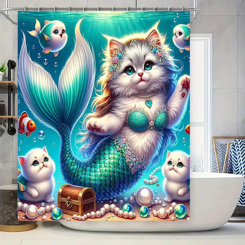 Home Bathroom Ideas - シャワーカーテンマーメイド猫フィッシュテール装飾防水ホームバスルームアクセサリーペット愛好家のギフトアイデア