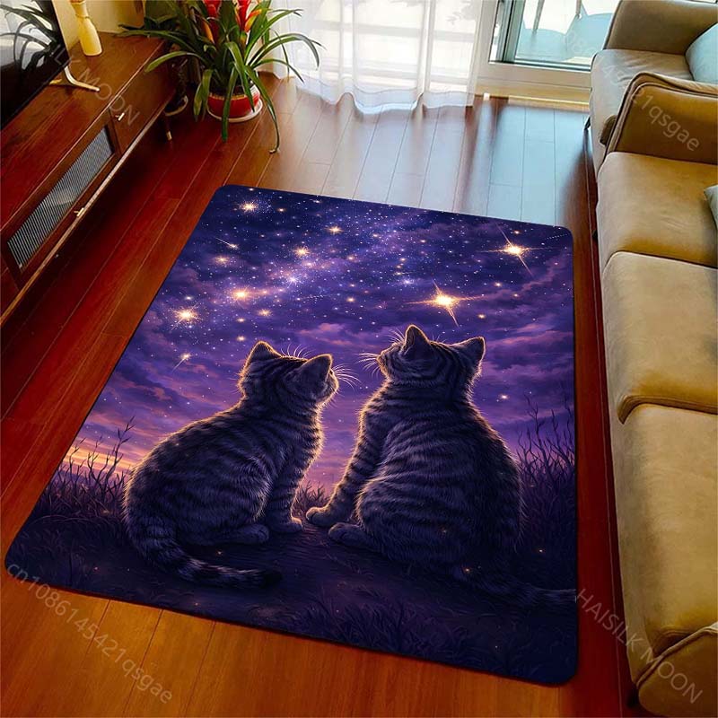 Home Bathroom With Two Toilets - 1PC 2 匹の猫が星を見つめるプリントカーペットラグリビングルームベッドルームソファドアマット家の装飾ノンスリップフロアマット
