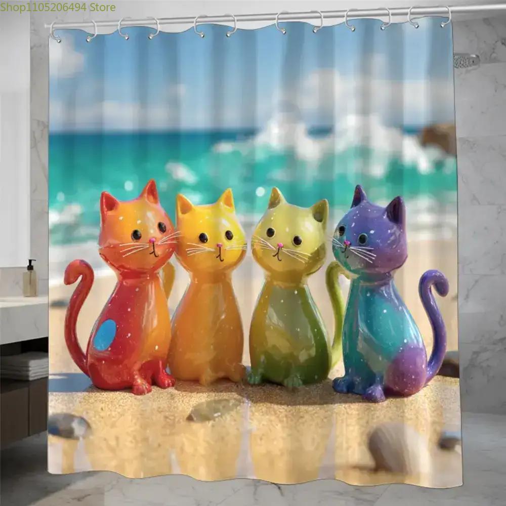 Home Bathroom Ideas - カラフルなレインボーキャッツシャワーカーテン、ビーチ上のキュートな漫画の子猫デザイン、防水バスライナー、家の装飾用、居心地の良いバスルームのアイデアに。