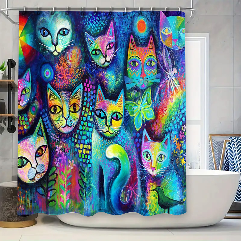 Home Bathroom Ideas - 猫シャワーカーテン芸術的な動物愛好家の装飾モダンなバスルームセット防水ライナーヴィンテージパターン家の装飾ギフトアイデア