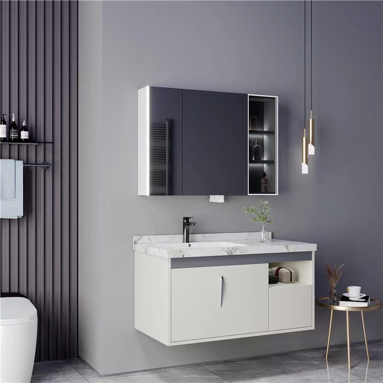 Home Living Bathroom Vanity - バスルームキャビネットモダンな壁掛け式人工石カウンタートップシングルシンクバスルームバニティスマートミラーキャビネット付き