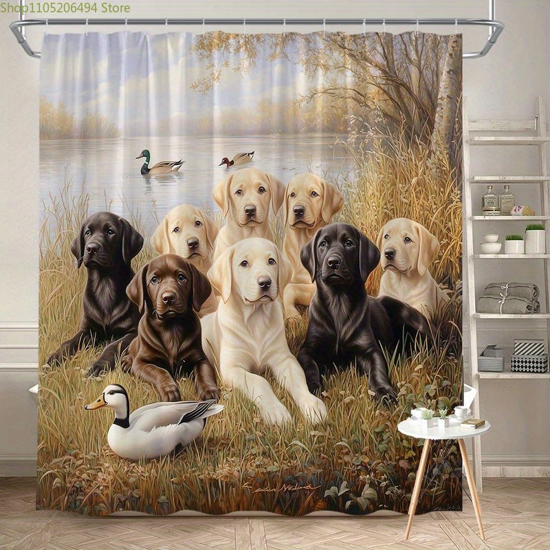 Home Bathroom Ideas - ラブラドール犬ファミリーシャワーカーテン、アヒルのシーンデザインのかわいいペット柄、家の装飾用防水バスライナー、居心地の良いバスルームのアイデア