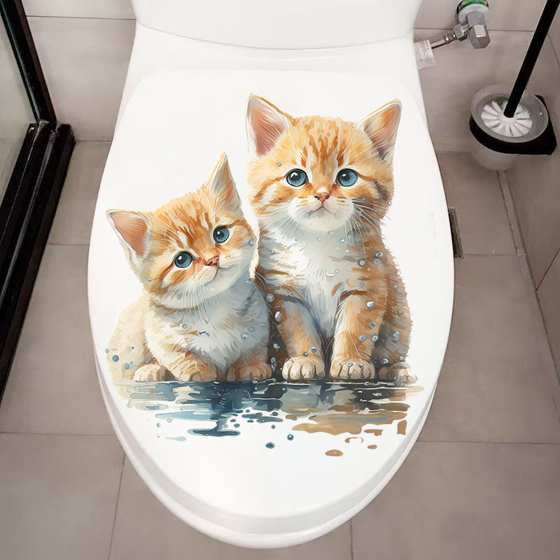 Home Bathroom With Two Toilets - 2 つのかわいい猫ウォールステッカー浴室トイレ装飾リビングルームキャビネット冷蔵庫家の装飾防水デカール M1393