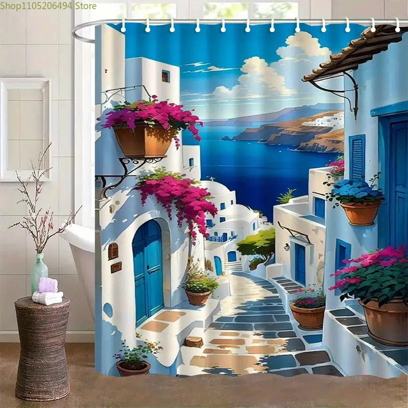 Home Bathroom Ideas - サントリーニ島ギリシャ島シャワーカーテンブルーホワイトヴィレッジシービューデザイン防水バスライナー家の装飾用居心地の良いバスルームアイデア