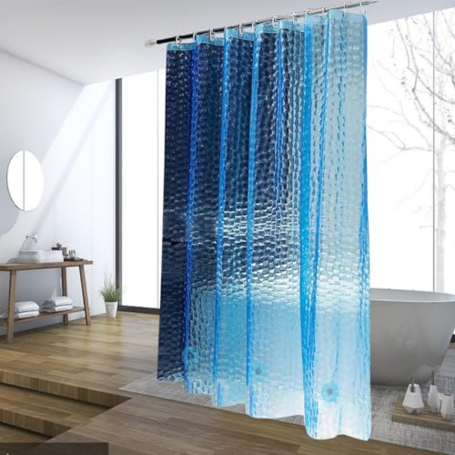 Shower Curtain Liner - ブルーシャワーカーテンライナー、100%防水EVA 3Dシャワーカーテン、3つの強力な底面マグネットと12個の防錆グロメット付き