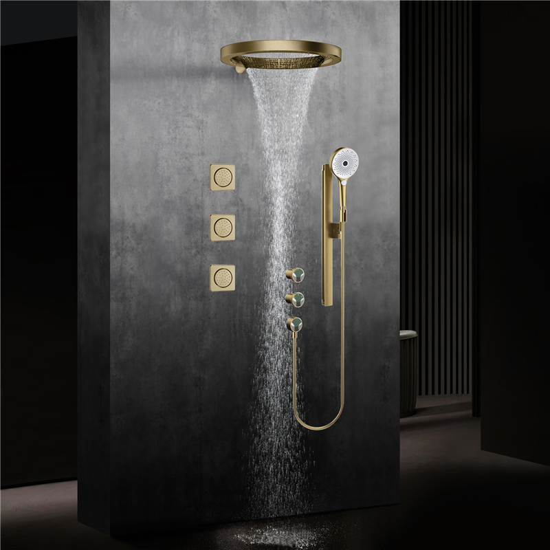 ベヨン真鍮製つや消しゴールドトリプルハンドル壁掛け温冷水浴室 - Shower Head Rain のレビューと価格