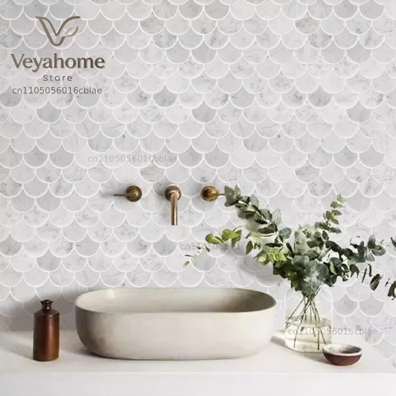 魚鱗模様の大理石モザイクタイル（バスルームとキッチン用）-  - Home Bathroom Floor Tiles のレビューと価格