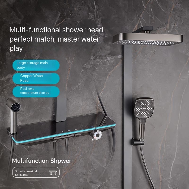 グレーのピアノボタン式アンビエントライト付き浴室シャワーフル - Shower Head Rain のレビューと価格