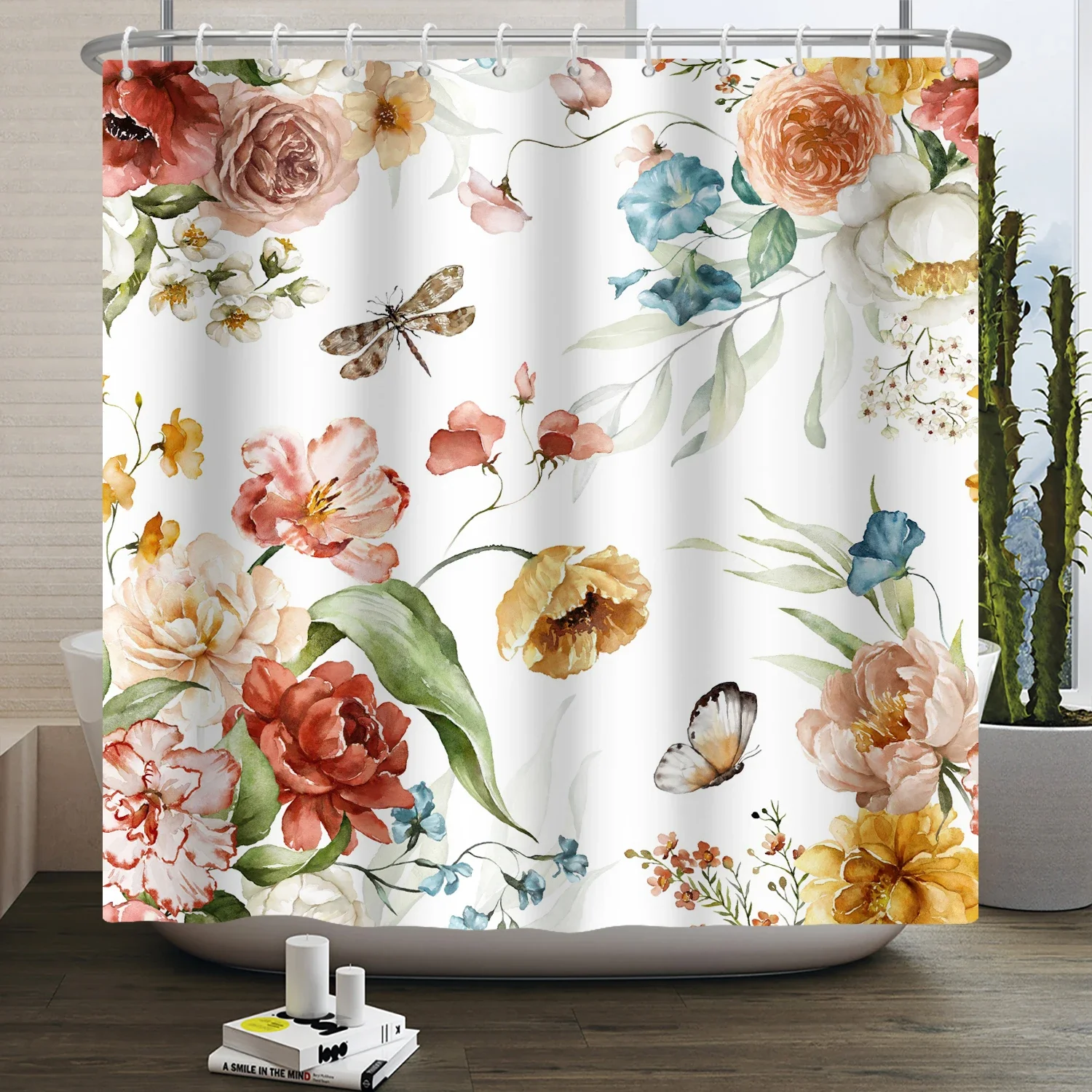 水彩ユーカリの葉シャワーカーテン吊り下げ緑葉白花ベリーミニマ - Shower Curtain Liner のレビューと価格