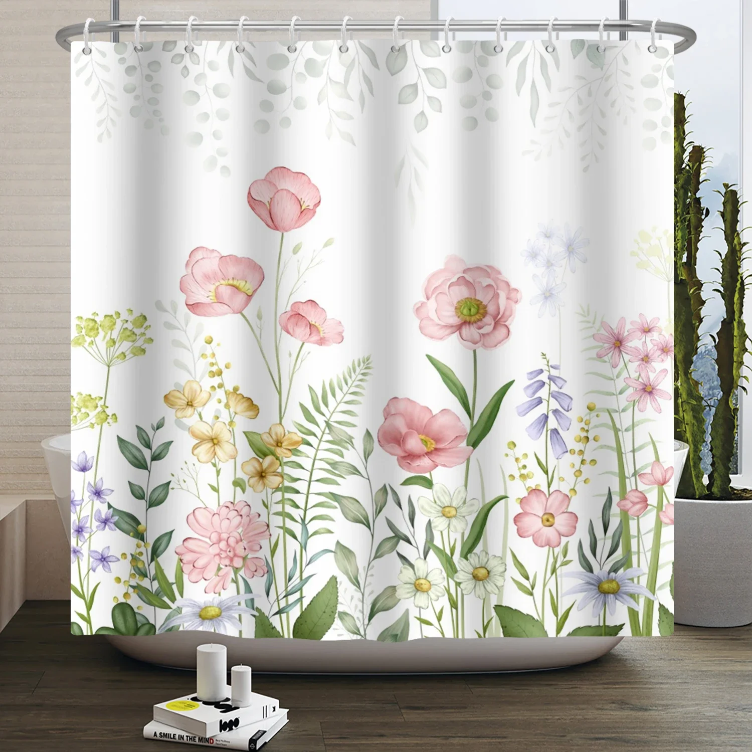 水彩ユーカリの葉シャワーカーテン吊り下げ緑葉白花ベリーミニマ - Shower Curtain Liner のレビューと価格