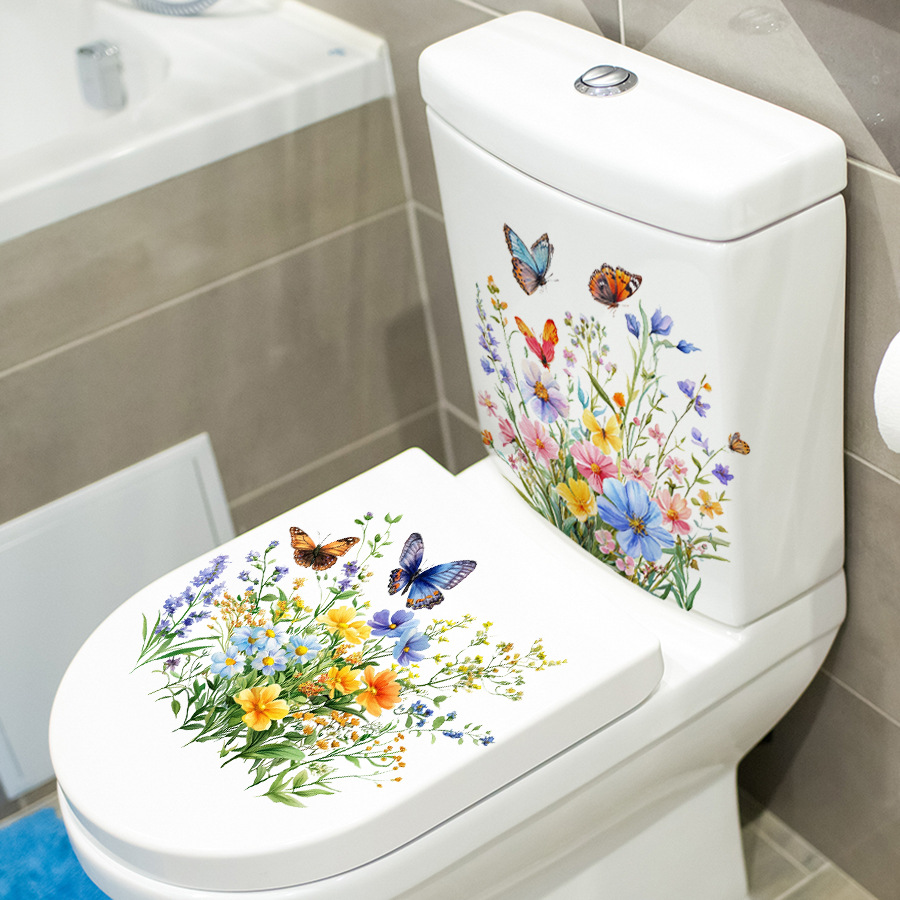 2 個の生花と蝶のトイレステッカー自己粘着デカール浴室トイレ - Home Bathroom Floor Tiles のレビューと価格