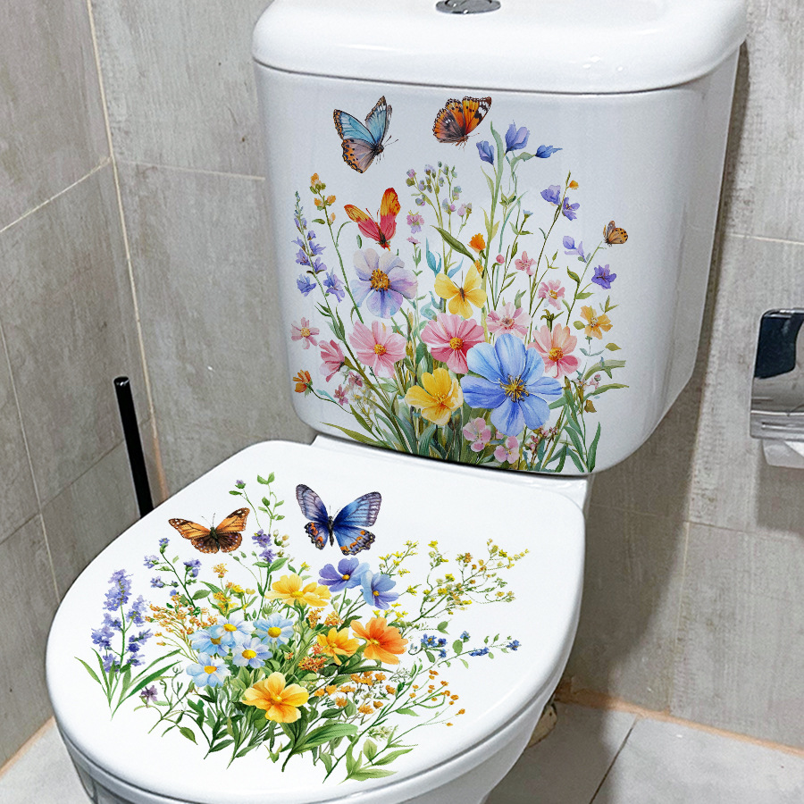 2 個の生花と蝶のトイレステッカー自己粘着デカール浴室トイレ - Home Bathroom Floor Tiles のレビューと価格