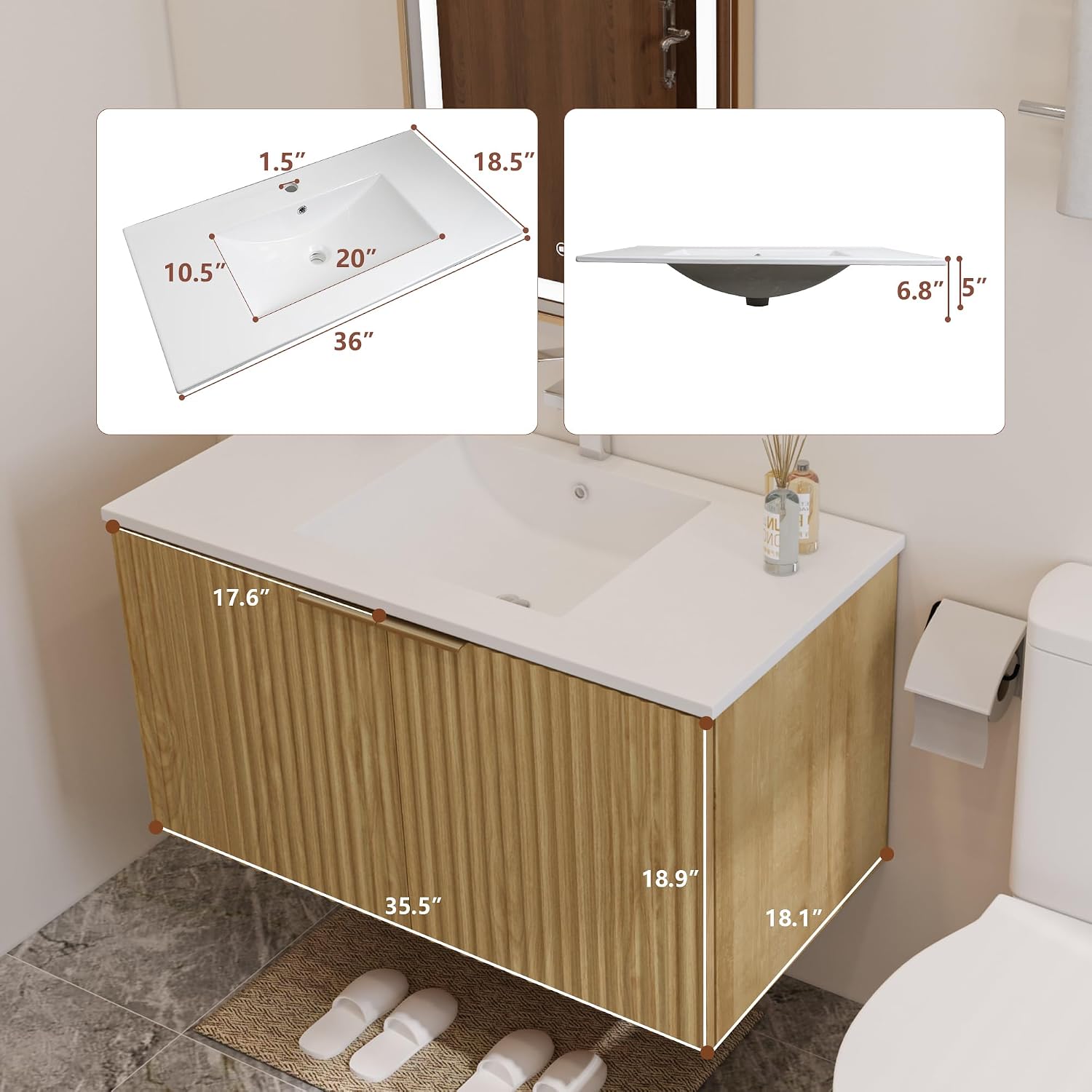 モダンなフローティング式洗面化粧台、波状テクスチャの扉付き壁 - Home Bathroom のレビューと価格