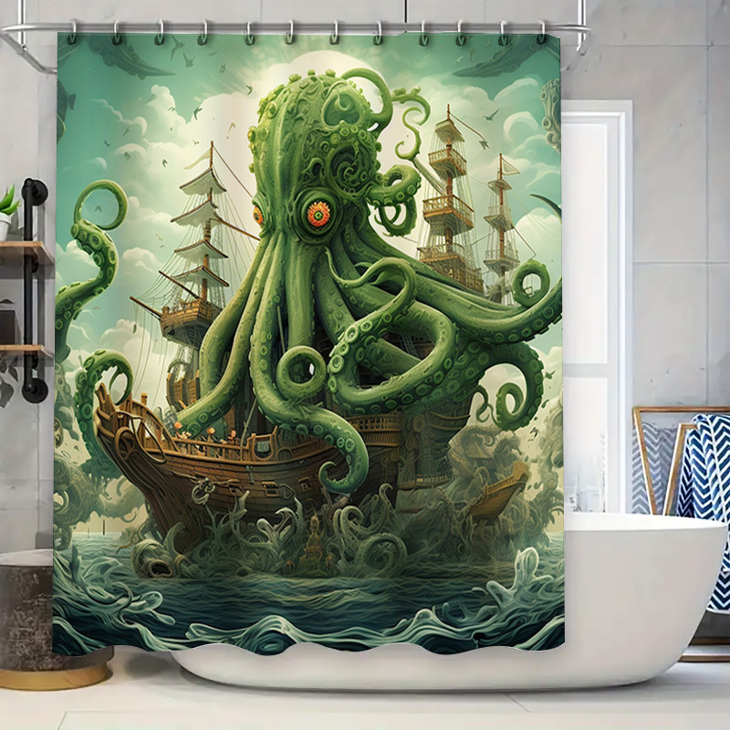 タコ船シャワーカーテンシュールなマリン装飾グリーンブルー防水 - Home Bathroom Ideas のレビューと価格