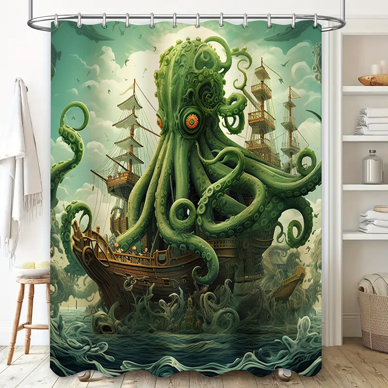 タコ船シャワーカーテンシュールなマリン装飾グリーンブルー防水 - Home Bathroom Ideas のレビューと価格