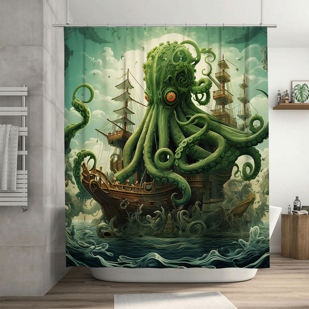 タコ船シャワーカーテンシュールなマリン装飾グリーンブルー防水 - Home Bathroom Ideas のレビューと価格