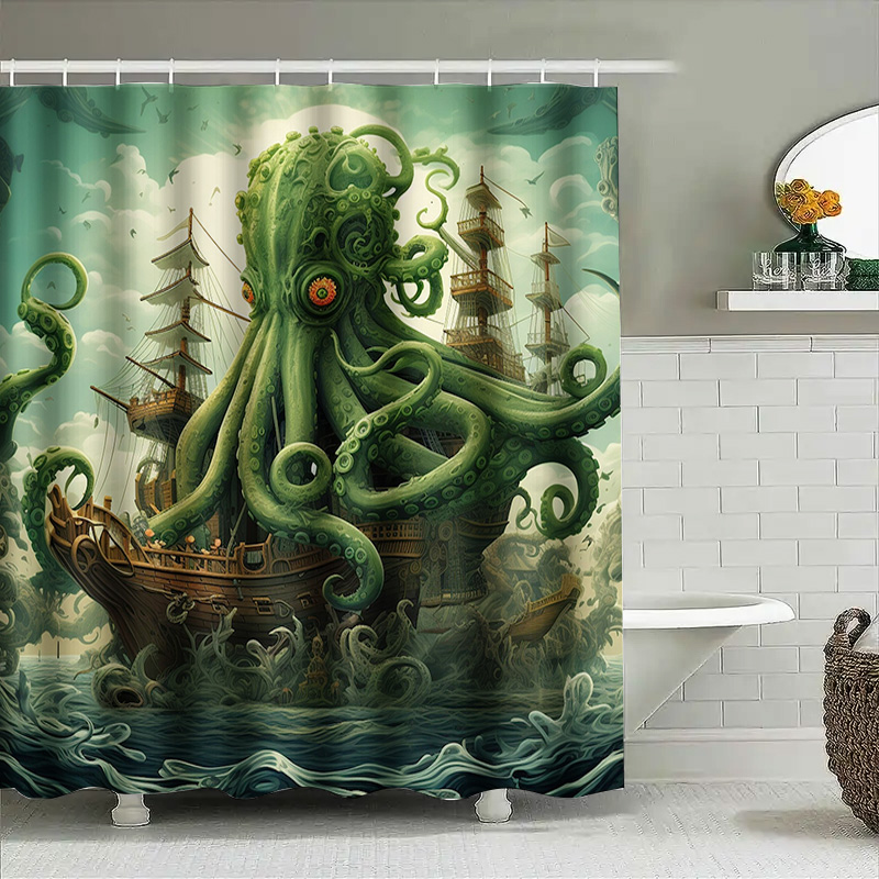 タコ船シャワーカーテンシュールなマリン装飾グリーンブルー防水 - Home Bathroom Ideas のレビューと価格