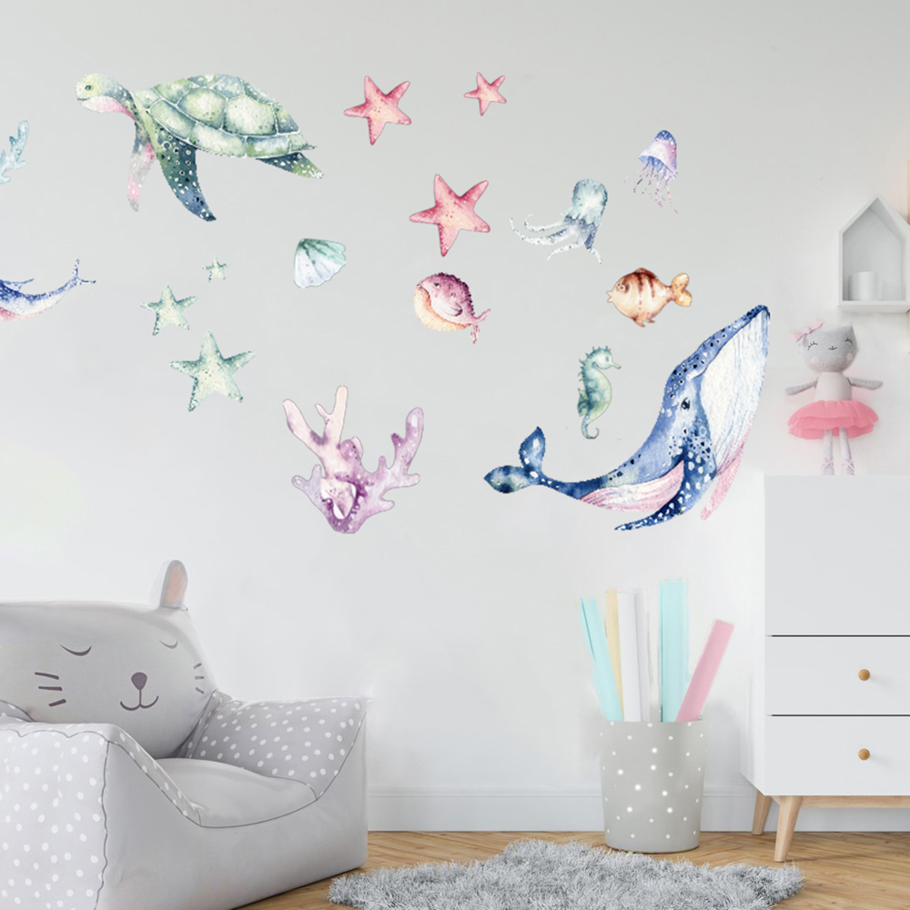 水彩海の生物オーシャンウォールステッカー魚カメサメ動物ウォー - Home Bathroom Floor Tiles のレビューと価格