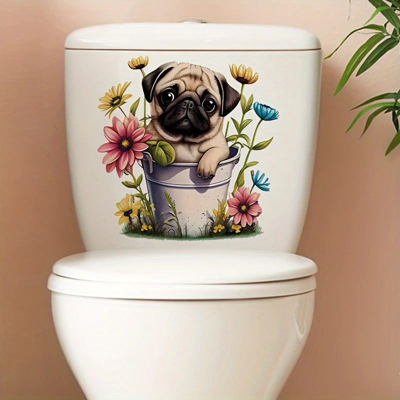 MT1244 #   子犬と植木鉢のトイレ蓋デカール、カラフ - Home Bathroom Floor Tiles のレビューと価格