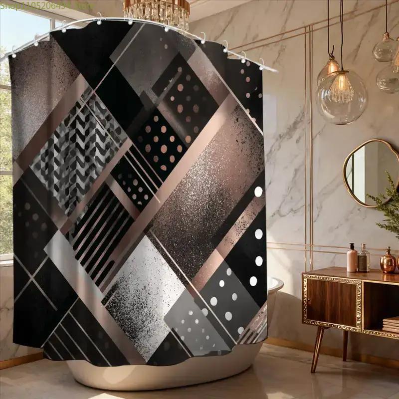 モダンな幾何学模様の抽象的なシャワーカーテン、黒とグレーのパ - Home Bathroom Ideas のレビューと価格