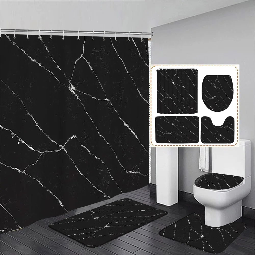 黒大理石のシャワーカーテンセット白ラインひび割れパターンモダ - Shower Curtain Liner のレビューと価格