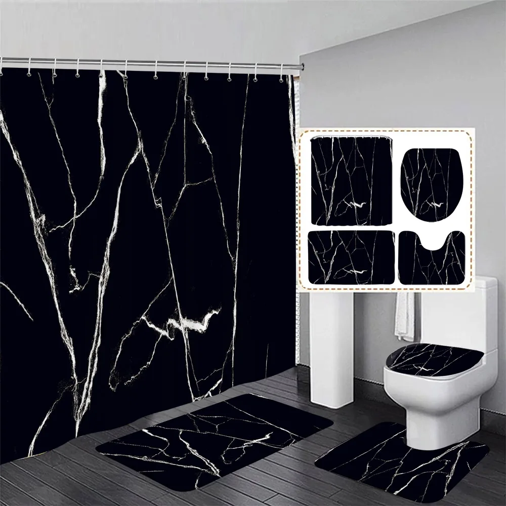黒大理石のシャワーカーテンセット白ラインひび割れパターンモダ - Shower Curtain Liner のレビューと価格