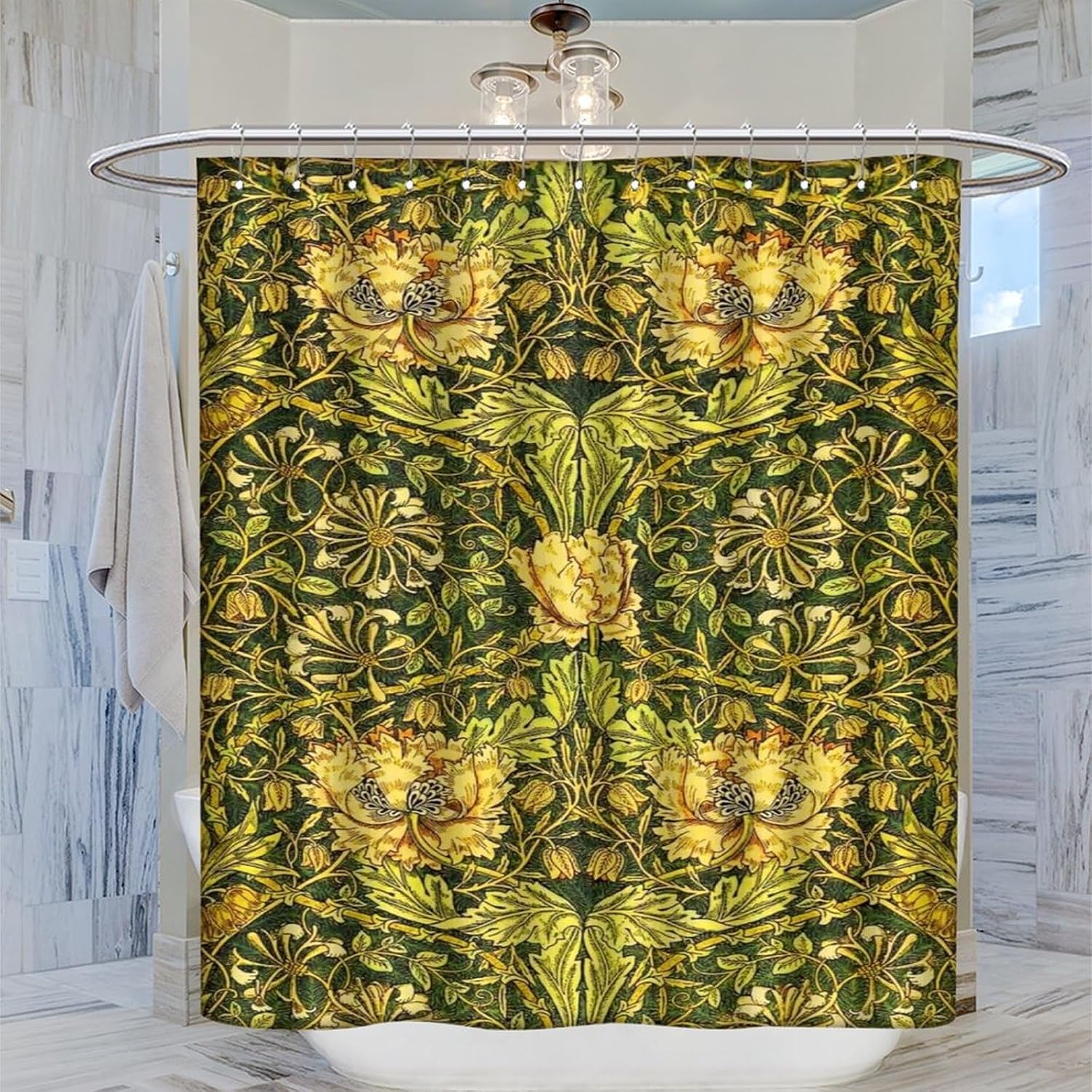 防水植物柄シャワーカーテン グリーンイエロー花柄プリント ト - Home Bathroom Ideas のレビューと価格