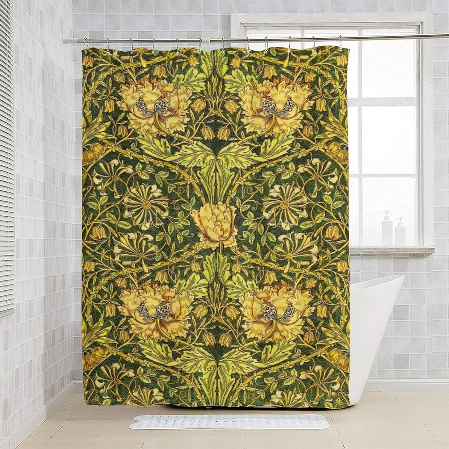 防水植物柄シャワーカーテン グリーンイエロー花柄プリント ト - Home Bathroom Ideas のレビューと価格