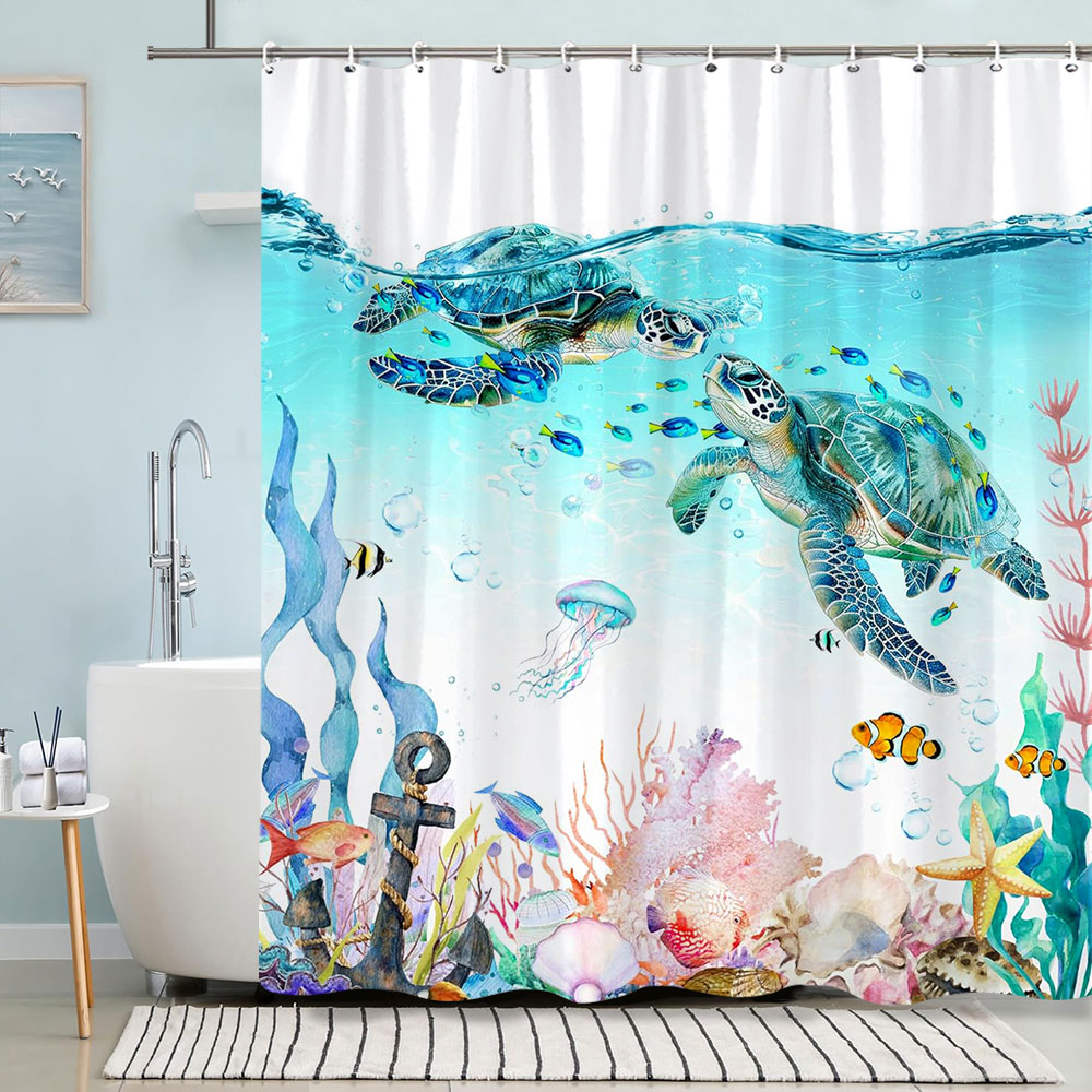 カメシャワーカーテン夏のビーチアンカー航海ヒトデ水彩アートク - Shower Curtain Liner のレビューと価格