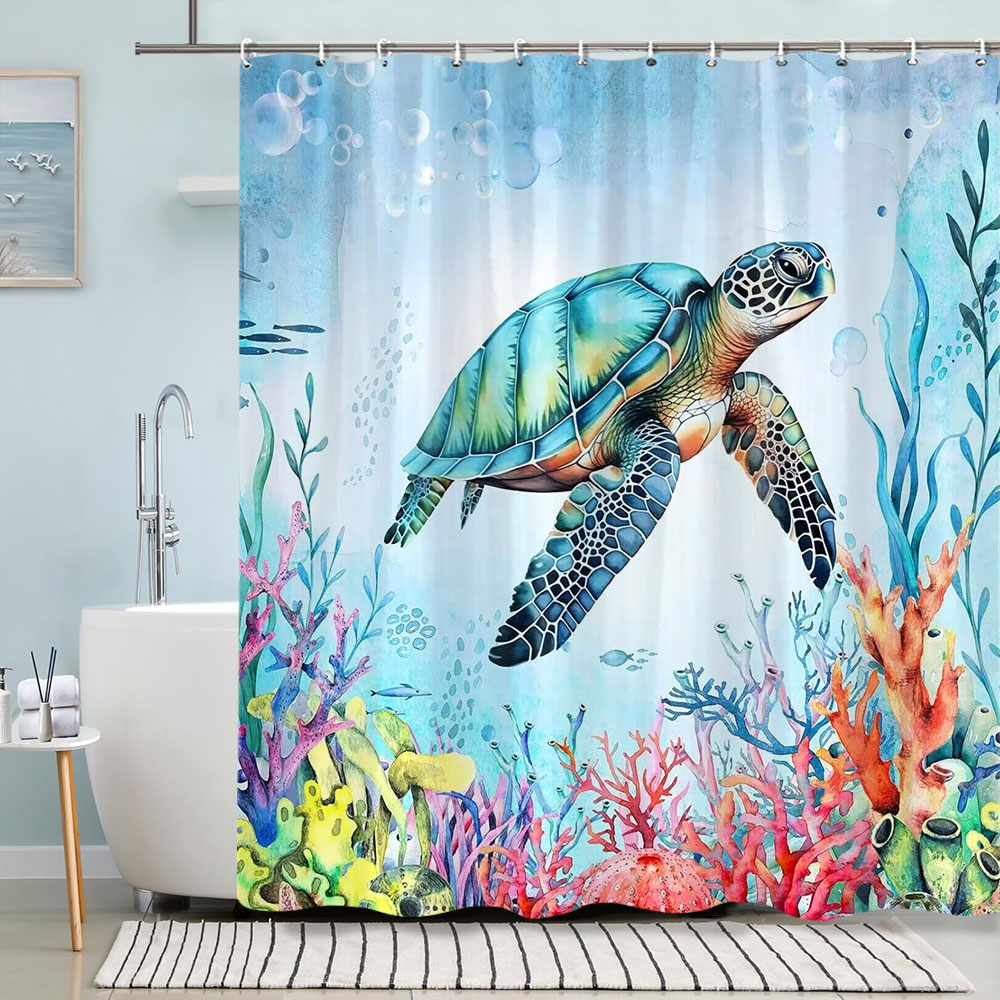 カメシャワーカーテン夏のビーチアンカー航海ヒトデ水彩アートク - Shower Curtain Liner のレビューと価格