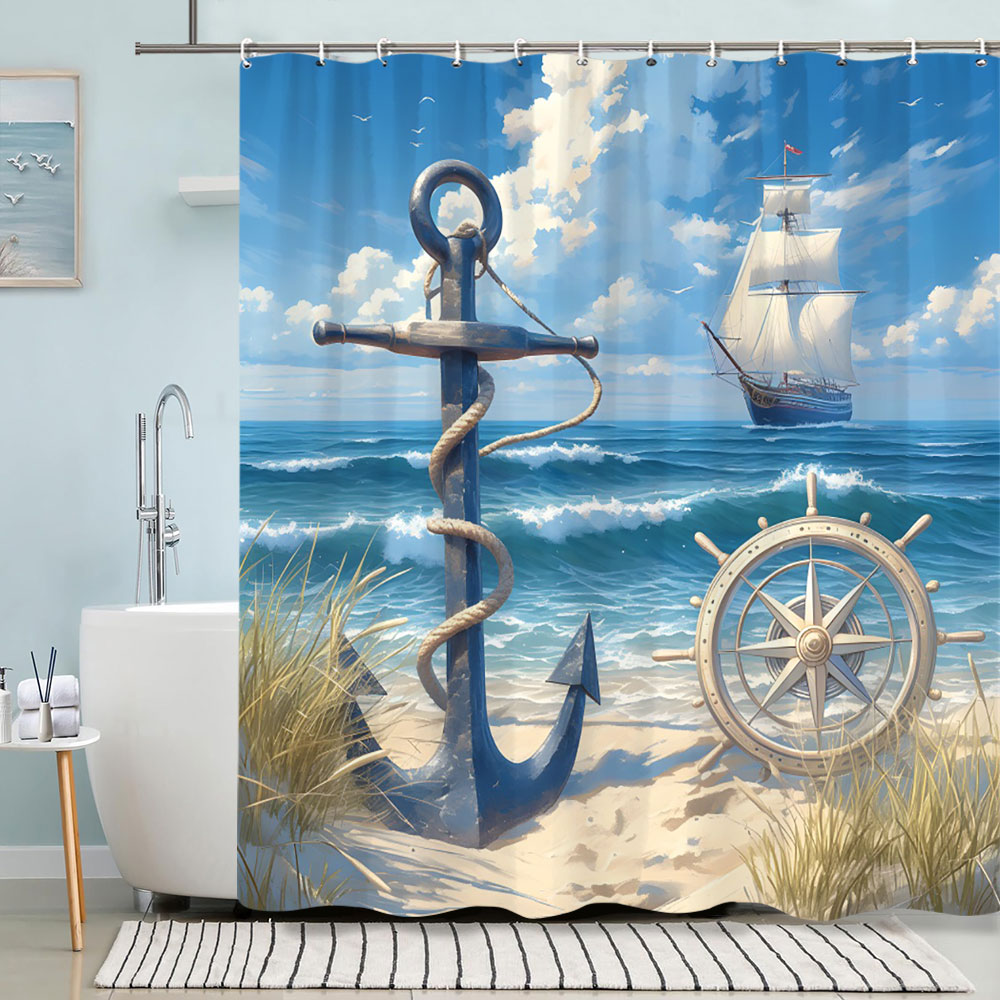カメシャワーカーテン夏のビーチアンカー航海ヒトデ水彩アートク - Shower Curtain Liner のレビューと価格