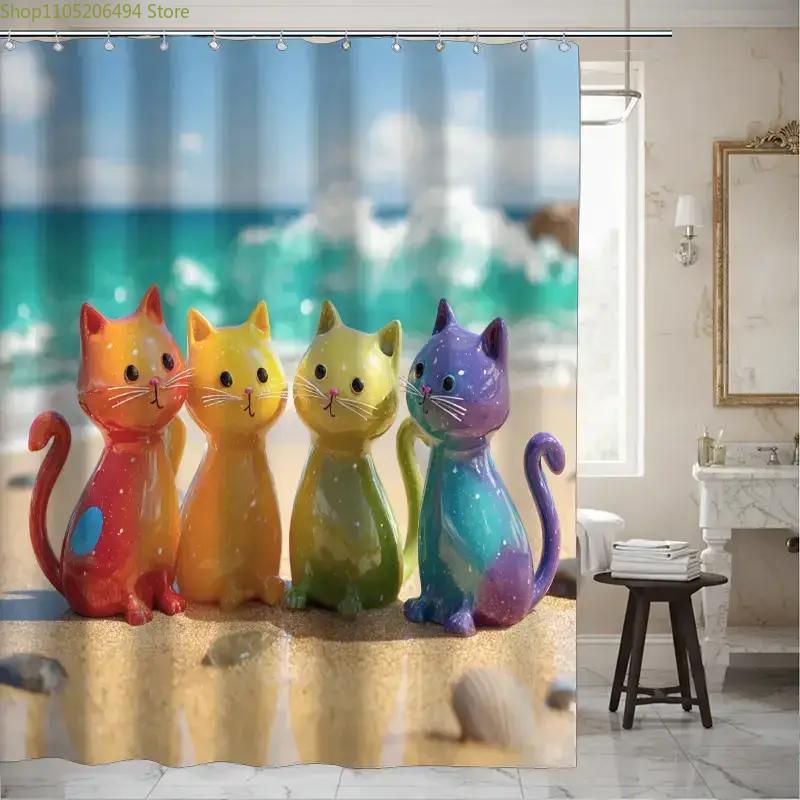 カラフルなレインボーキャッツシャワーカーテン、ビーチ上のキュ - Home Bathroom Ideas のレビューと価格