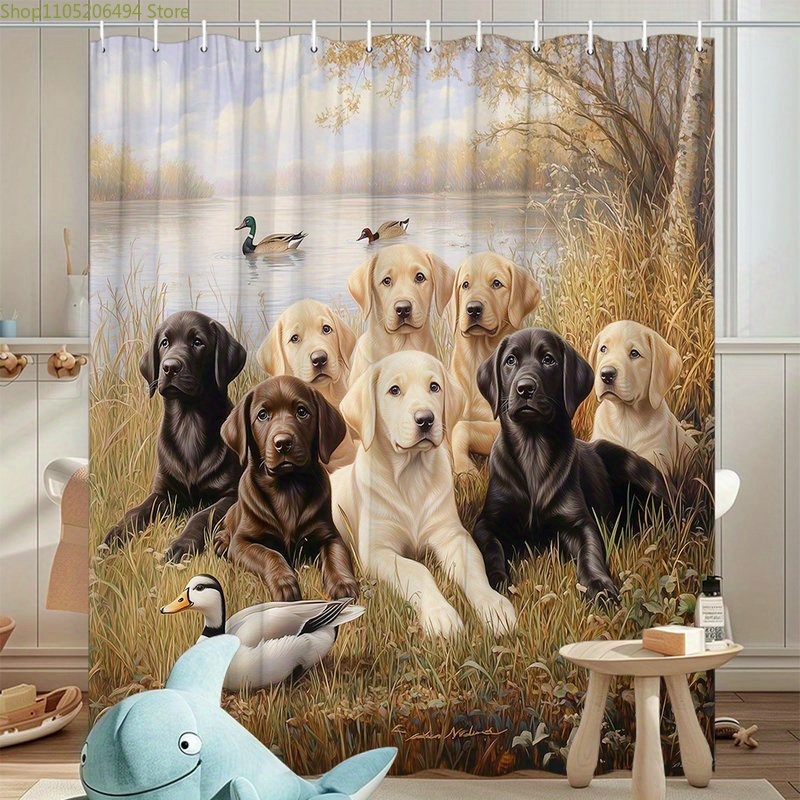 ラブラドール犬ファミリーシャワーカーテン、アヒルのシーンデザ - Home Bathroom Ideas のレビューと価格