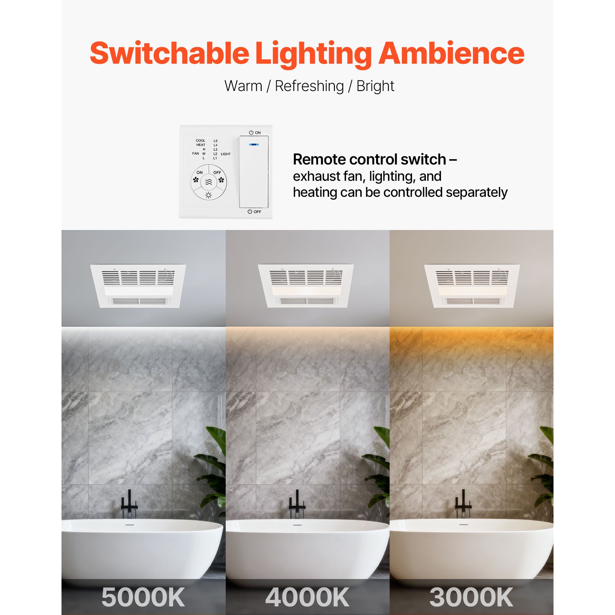 ライトとヒーター付き浴室排気ファン、80-90-110 CF - Home Bathroom Vent Fans のレビューと価格